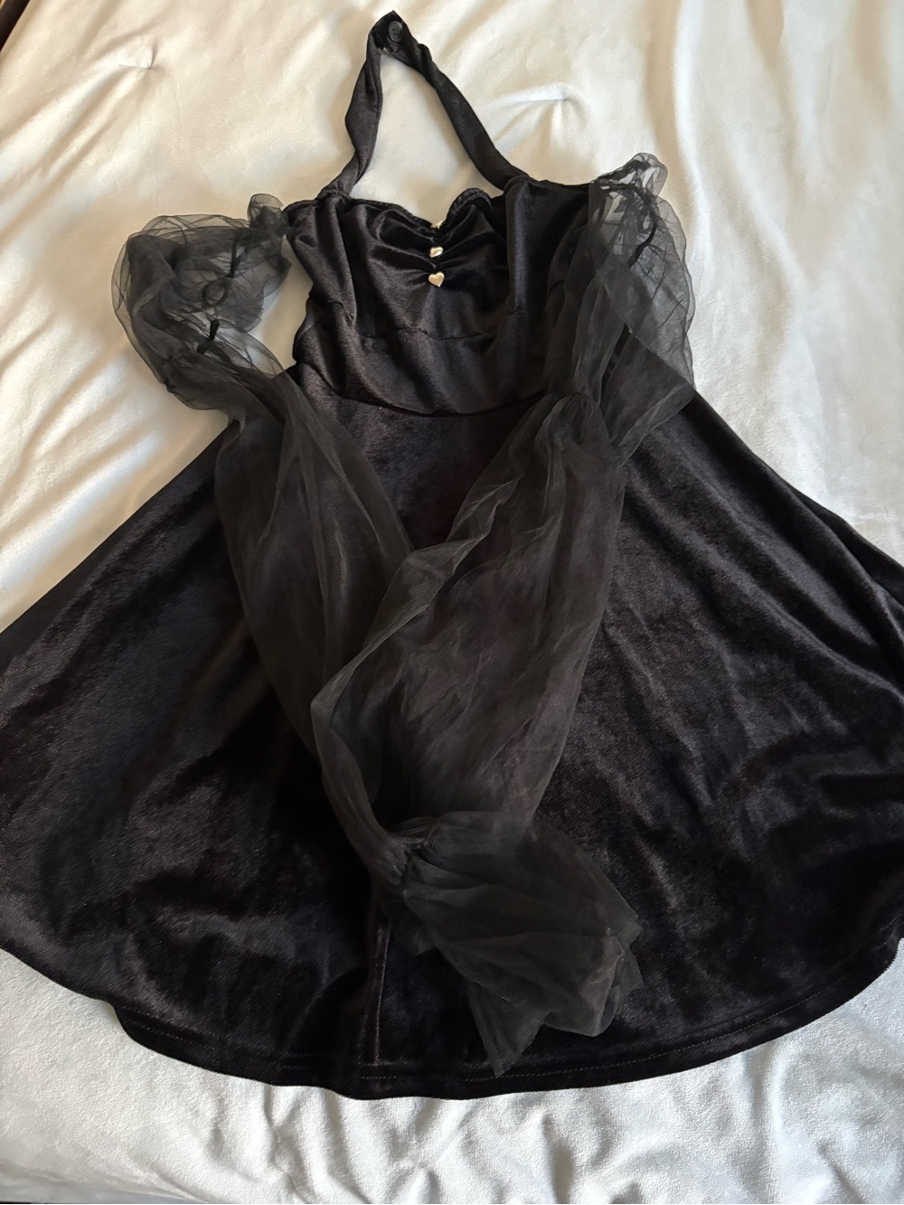 Black Velvet Halter Mini Dress with Sheer Puff Sleeves